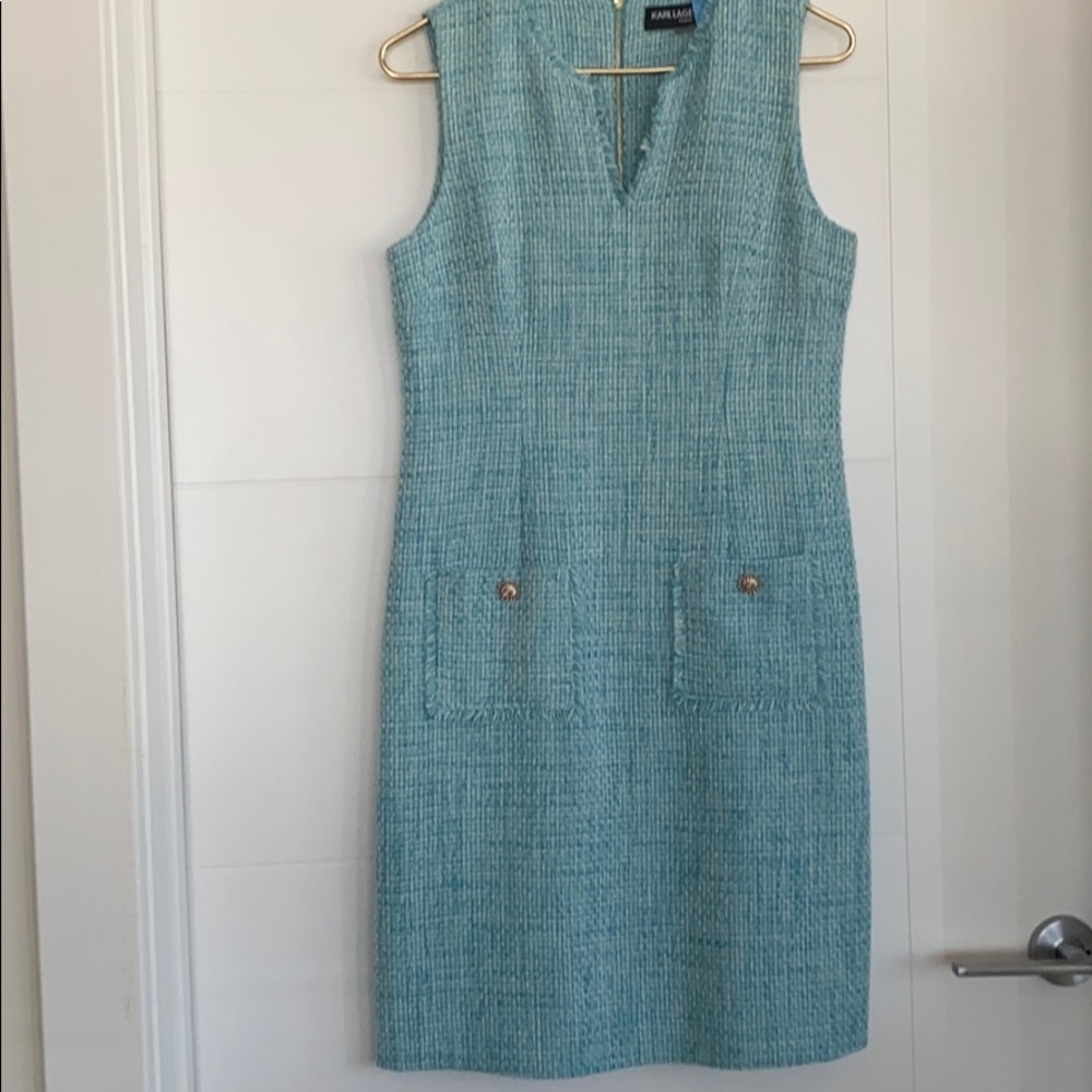 KARL LAGERFIELD OF PARIS, TWEED SLEEVELESS DRESS.